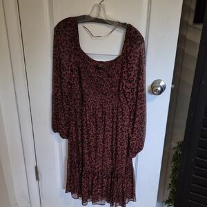 Taylor Rust Leopard Print Long Sleeve Tiered Dress